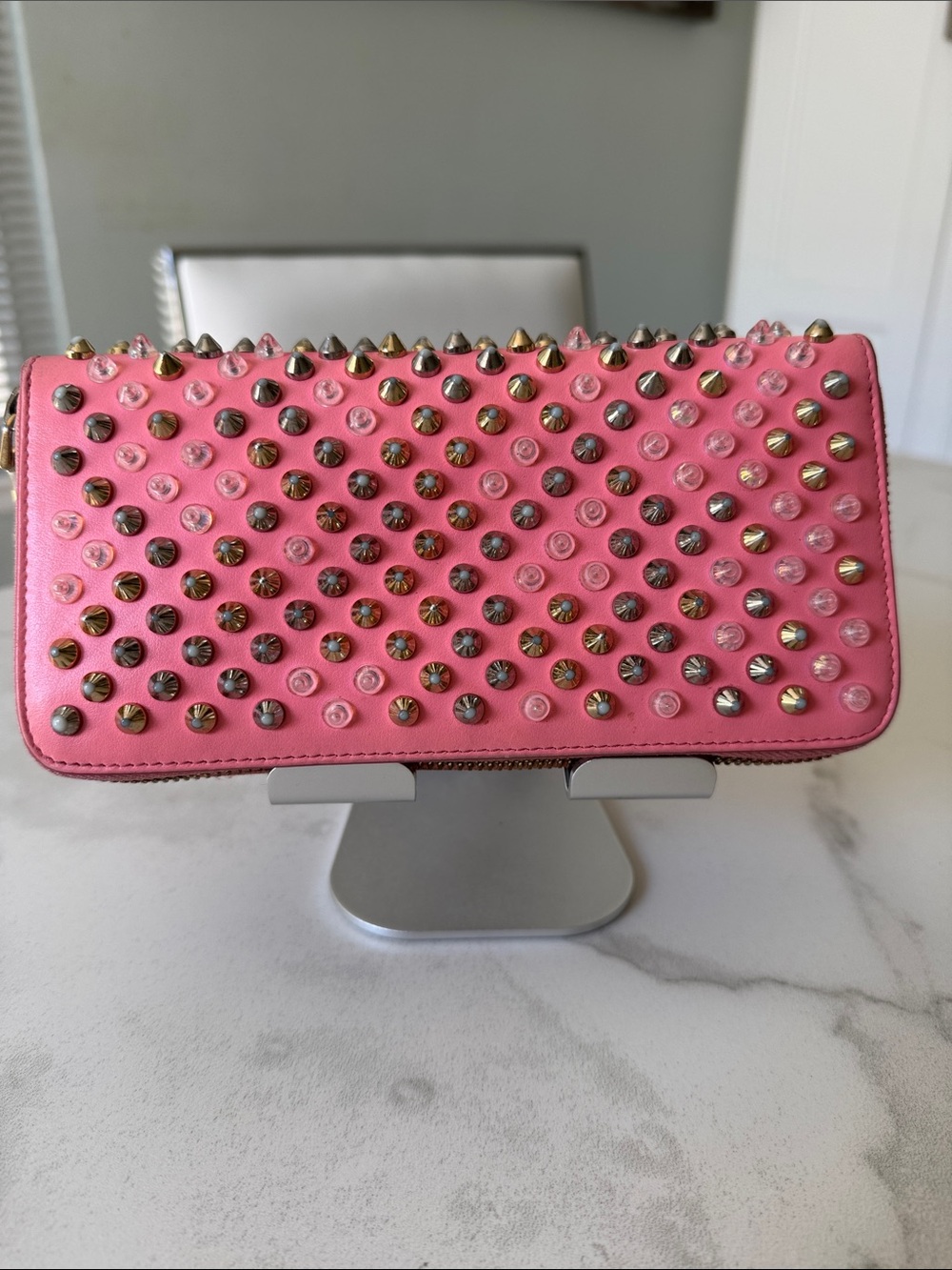 Christian Louboutin Pink Spiked Panettone Wallet Crystals Iridescent